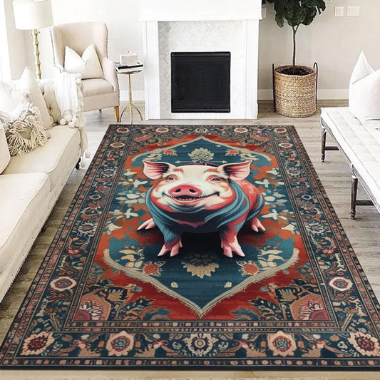 Vintage Farmhouse Decor Pig Rug, Cute Animal Rug For Maximalist Home Decor, Colorful Flower Rug With Farm Animals, Aesthetic Washable Rug
