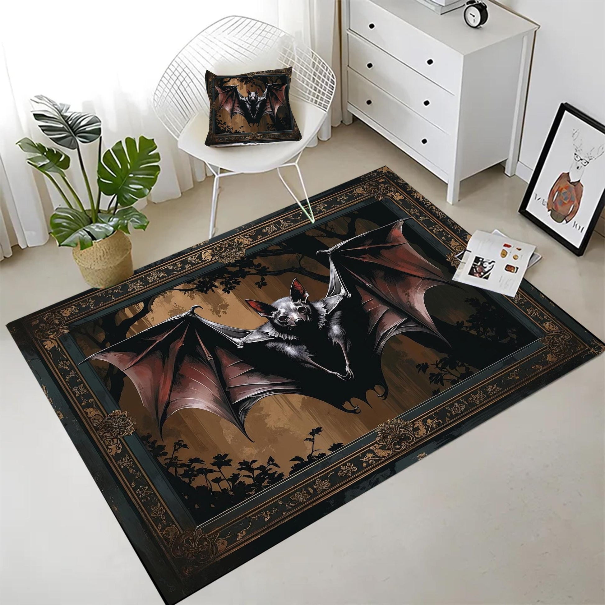 Bat Rug Dark Academia Mystic Gothic Area Rug | Enchanted Forest Bat Lover Whimsigoth Rug Dark Cottagecore Decor, Funky Moody Rug, Omka Rugs