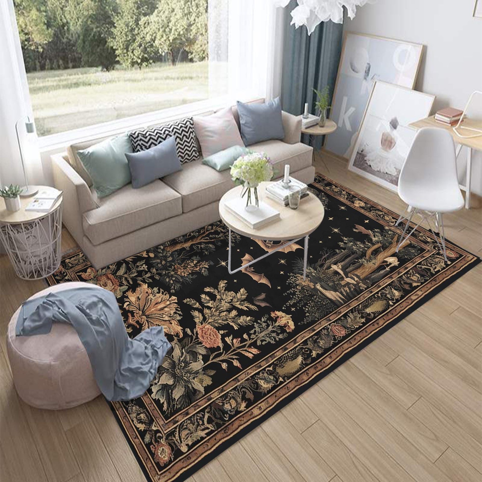 Dark Academia Mystic Bat Rug Woodland Gothic Area Rug | Enchanted Forest Bat Lover Nature Rug Dark Cottagecore Decor, Funky Moody Rug