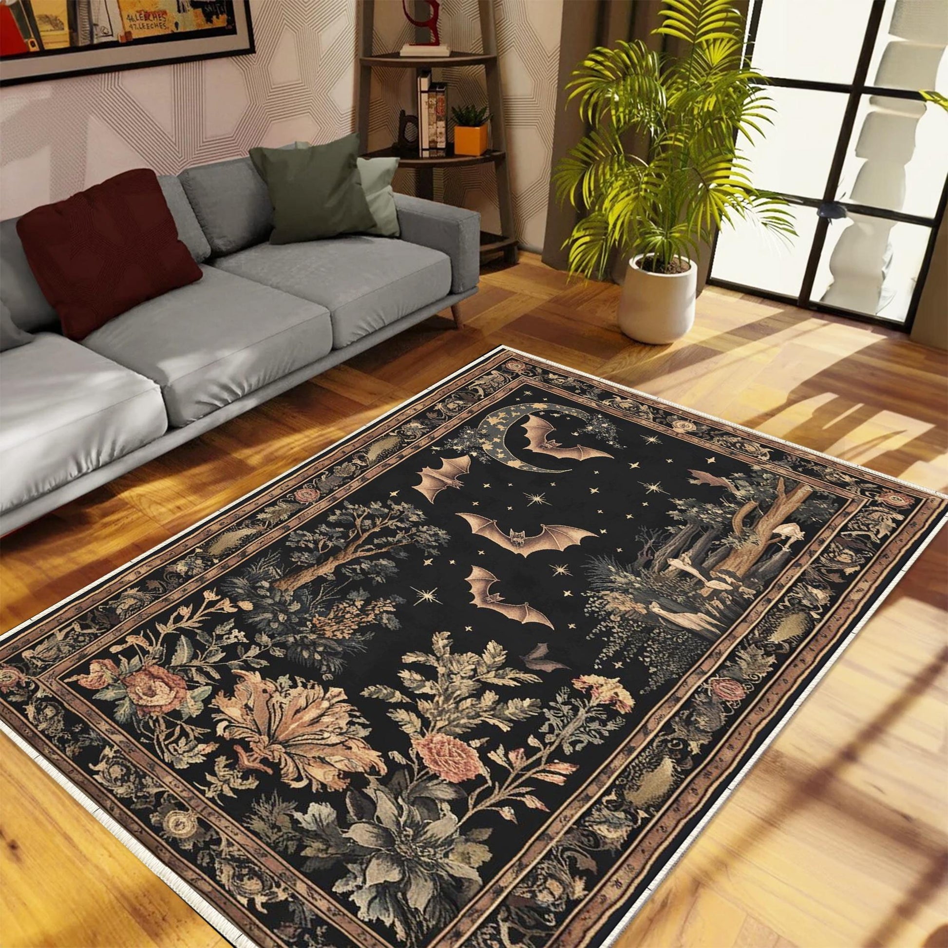 Dark Academia Mystic Bat Rug Woodland Gothic Area Rug | Enchanted Forest Bat Lover Nature Rug Dark Cottagecore Decor, Funky Moody Rug