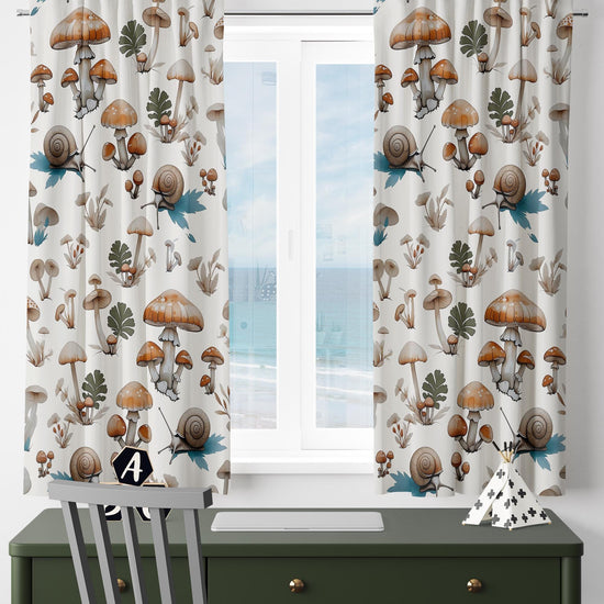 kids room curtains, mushroom theme decor, forest animal decor, custom size drapes, kids room ideas, nursery window decor, snail print curtains, nursery curtains, mushroom curtains, woodland drapes