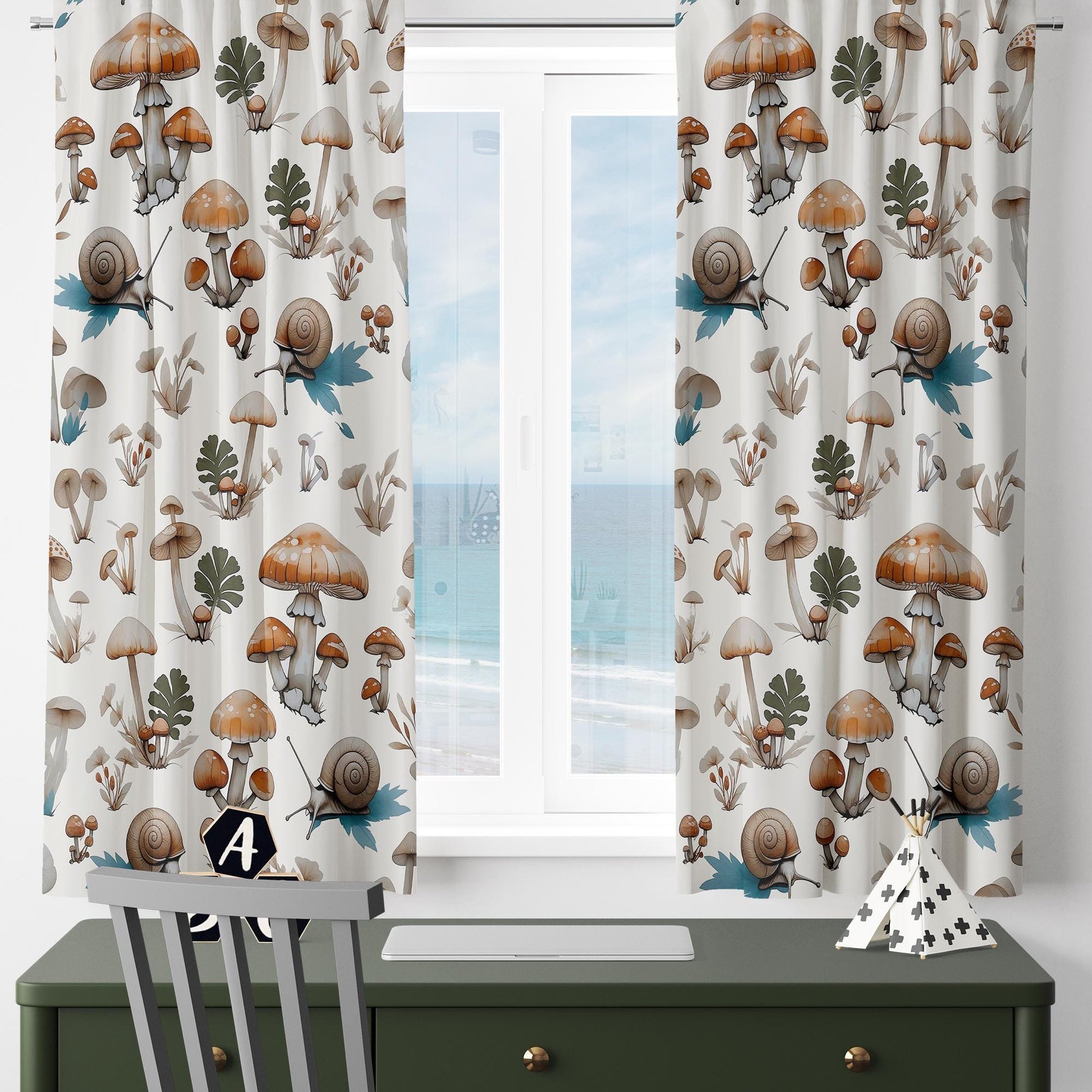 kids room curtains, mushroom theme decor, forest animal decor, custom size drapes, kids room ideas, nursery window decor, snail print curtains, nursery curtains, mushroom curtains, woodland drapes