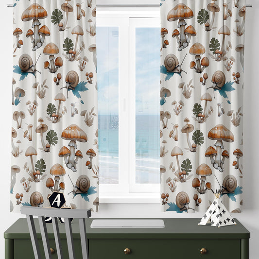 kids room curtains, mushroom theme decor, forest animal decor, custom size drapes, kids room ideas, nursery window decor, snail print curtains, nursery curtains, mushroom curtains, woodland drapes