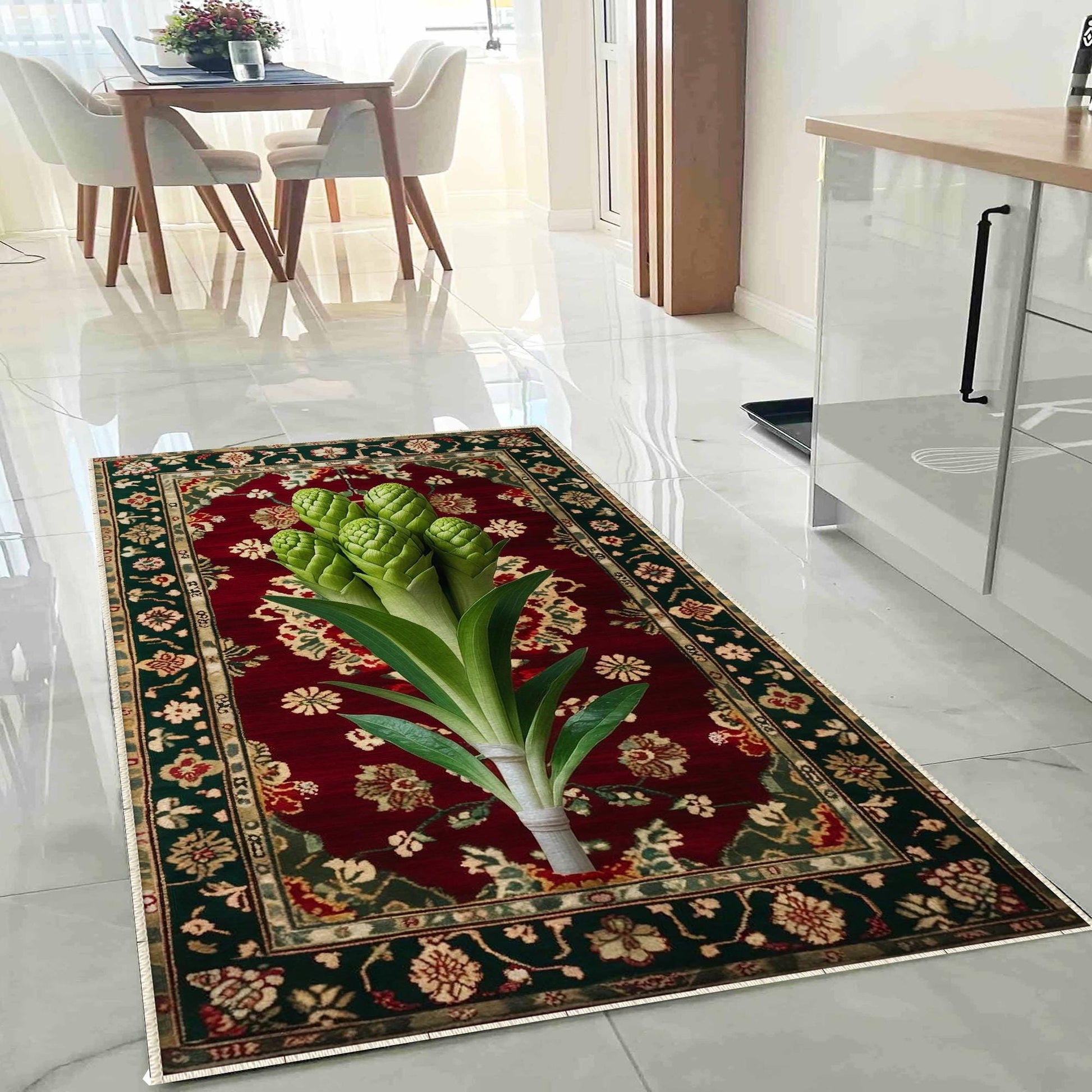 Wasabi Plant Rug, Boho Floral Vegetables Rug for Kitchen, Floral Decor, Green Maximalist Botanical Accent, Chenille Washable Rug