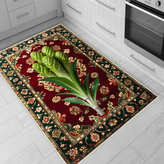 Wasabi Plant Rug, Boho Floral Vegetables Rug for Kitchen, Floral Decor, Green Maximalist Botanical Accent, Chenille Washable Rug