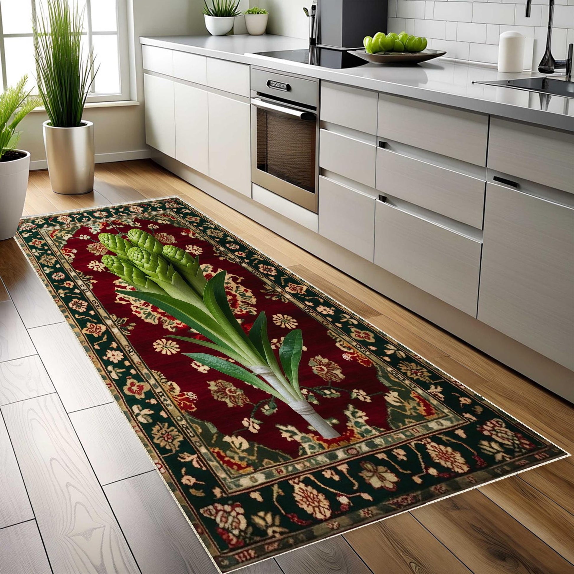 Wasabi Plant Rug, Boho Floral Vegetables Rug for Kitchen, Floral Decor, Green Maximalist Botanical Accent, Chenille Washable Rug