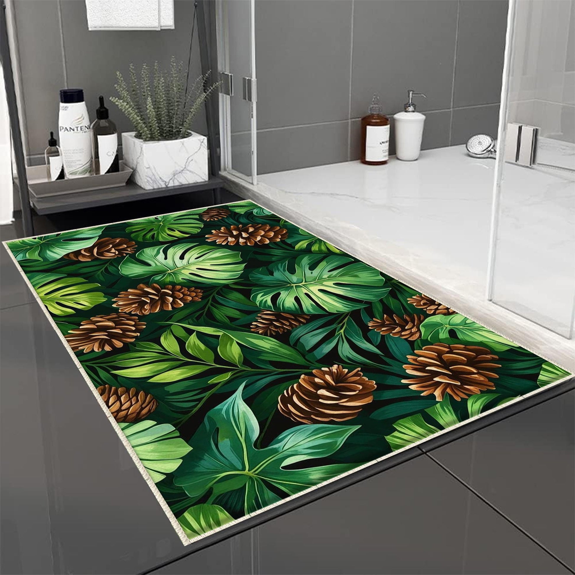 Pinecone Bath rug with palm leaves, Quick Dry Bathroom Mat, Soft Washable Botanic Toilet Mat, Modern Bathroom Decor, Green Toilet Rug