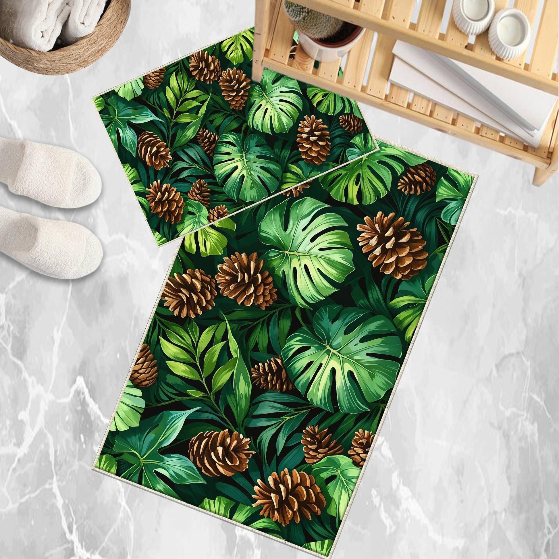 Pinecone Bath rug with palm leaves, Quick Dry Bathroom Mat, Soft Washable Botanic Toilet Mat, Modern Bathroom Decor, Green Toilet Rug