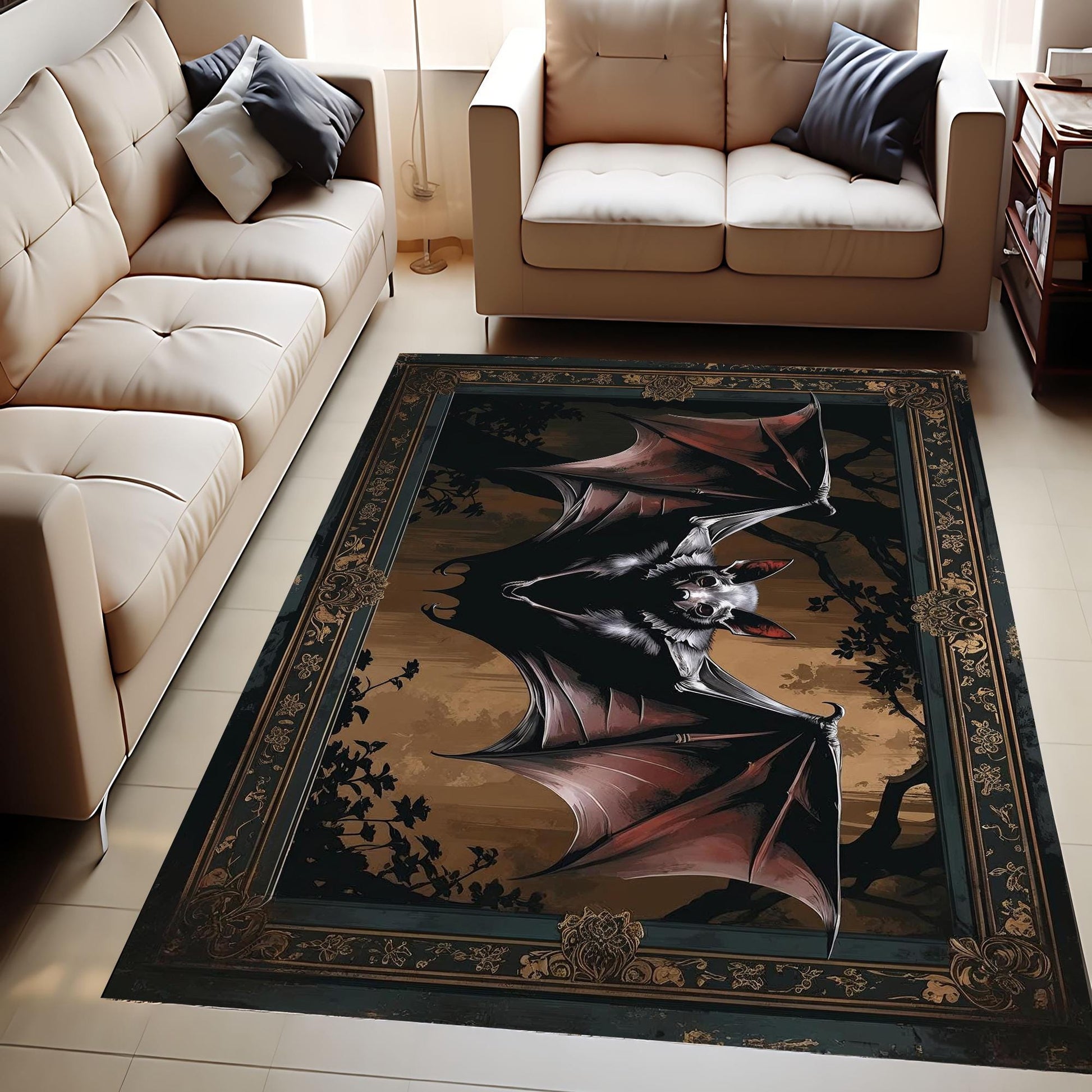 Bat Rug Dark Academia Mystic Gothic Area Rug | Enchanted Forest Bat Lover Whimsigoth Rug Dark Cottagecore Decor, Funky Moody Rug, Omka Rugs