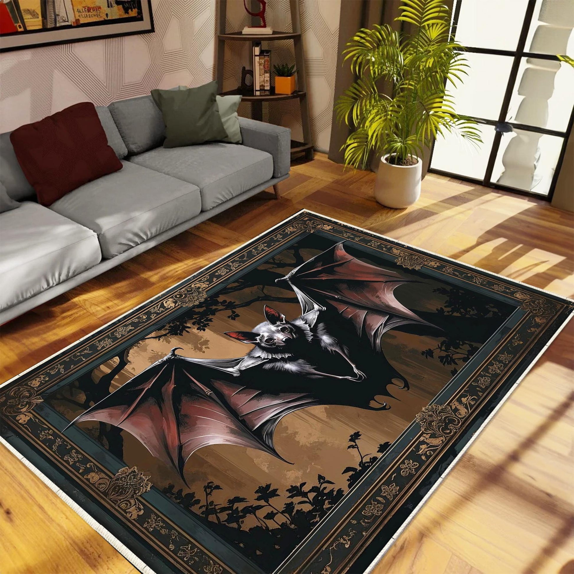 Bat Rug Dark Academia Mystic Gothic Area Rug | Enchanted Forest Bat Lover Whimsigoth Rug Dark Cottagecore Decor, Funky Moody Rug, Omka Rugs