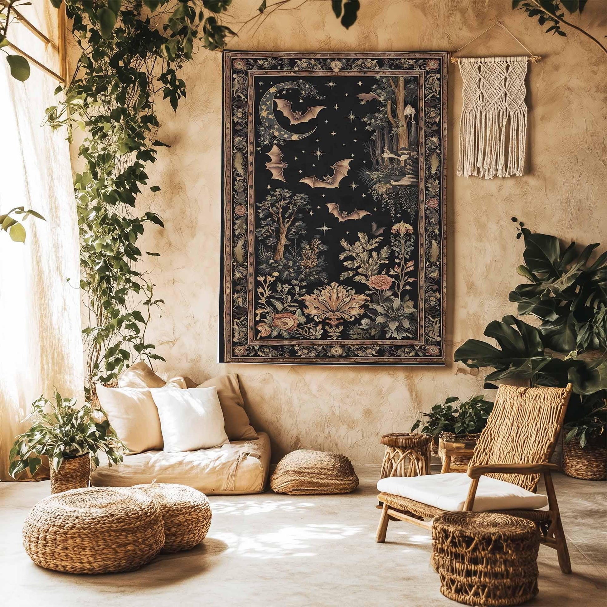 Dark Academia Mystic Bat Wall Tapestry, Witcy Decor Gothic Wall Art Hanging, Bat Lover Wall Tapestries, Whimsigoth Dark Celestial Home Decor