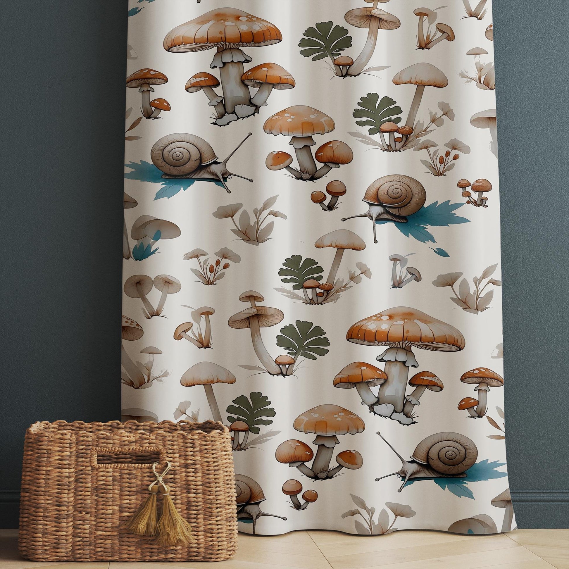 kids room curtains, mushroom theme decor, forest animal decor, custom size drapes, kids room ideas, nursery window decor, snail print curtains, nursery curtains, mushroom curtains, woodland drapes