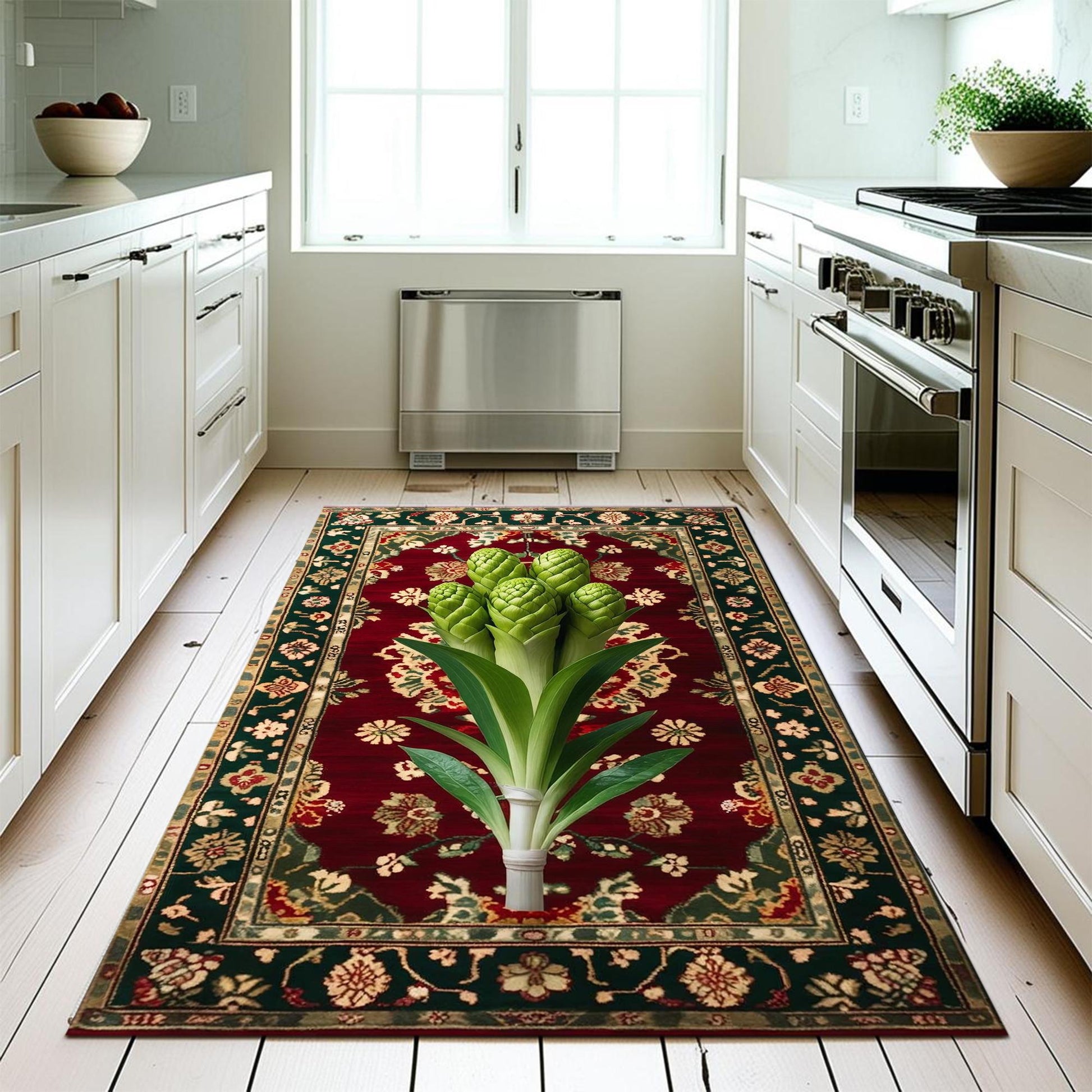 Wasabi Plant Rug, Boho Floral Vegetables Rug for Kitchen, Floral Decor, Green Maximalist Botanical Accent, Chenille Washable Rug