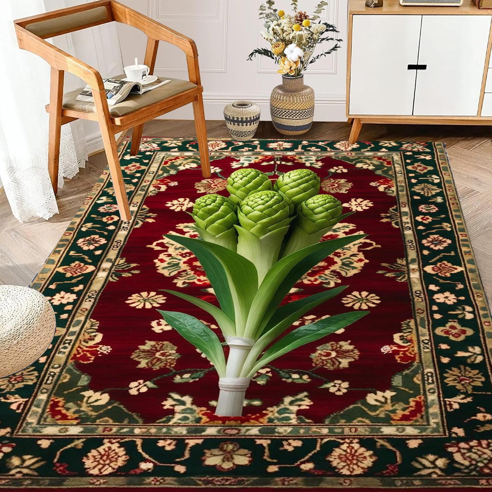 Wasabi Plant Rug, Boho Floral Vegetables Rug for Kitchen, Floral Decor, Green Maximalist Botanical Accent, Chenille Washable Rug