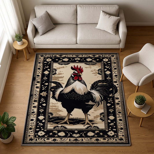 Vintage rooster kitchen rug with oriental black floral border, washable chenille surface, rustic farmhouse style, perfect for kitchen or entryway.