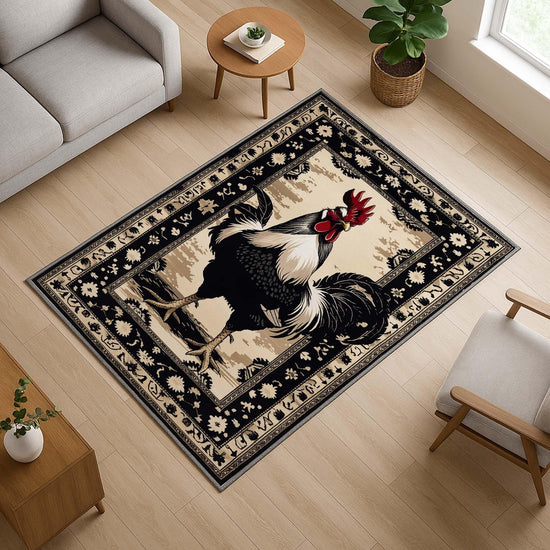 Vintage rooster kitchen rug with oriental black floral border, washable chenille surface, rustic farmhouse style, perfect for kitchen or entryway.