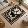 Vintage rooster kitchen rug with oriental black floral border, washable chenille surface, rustic farmhouse style, perfect for kitchen or entryway.