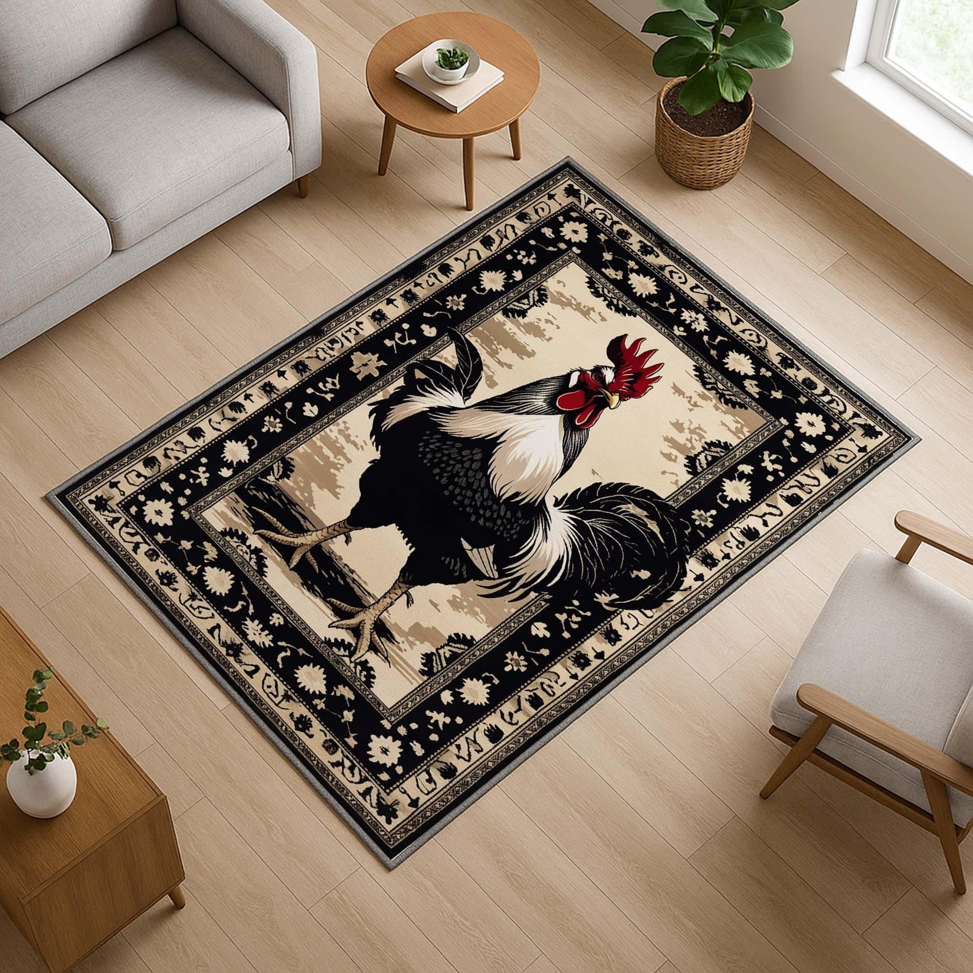 Vintage rooster kitchen rug with oriental black floral border, washable chenille surface, rustic farmhouse style, perfect for kitchen or entryway.