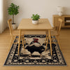 Vintage rooster kitchen rug with oriental black floral border, washable chenille surface, rustic farmhouse style, perfect for kitchen or entryway.