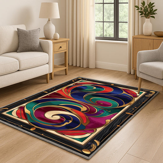Swirling abstract chenille rug with vibrant navy, green, red, and purple curves outlined in gold, framed by an ornate oriental border, washable with non-slip backing.