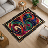 Swirling abstract chenille rug with vibrant navy, green, red, and purple curves outlined in gold, framed by an ornate oriental border, washable with non-slip backing.