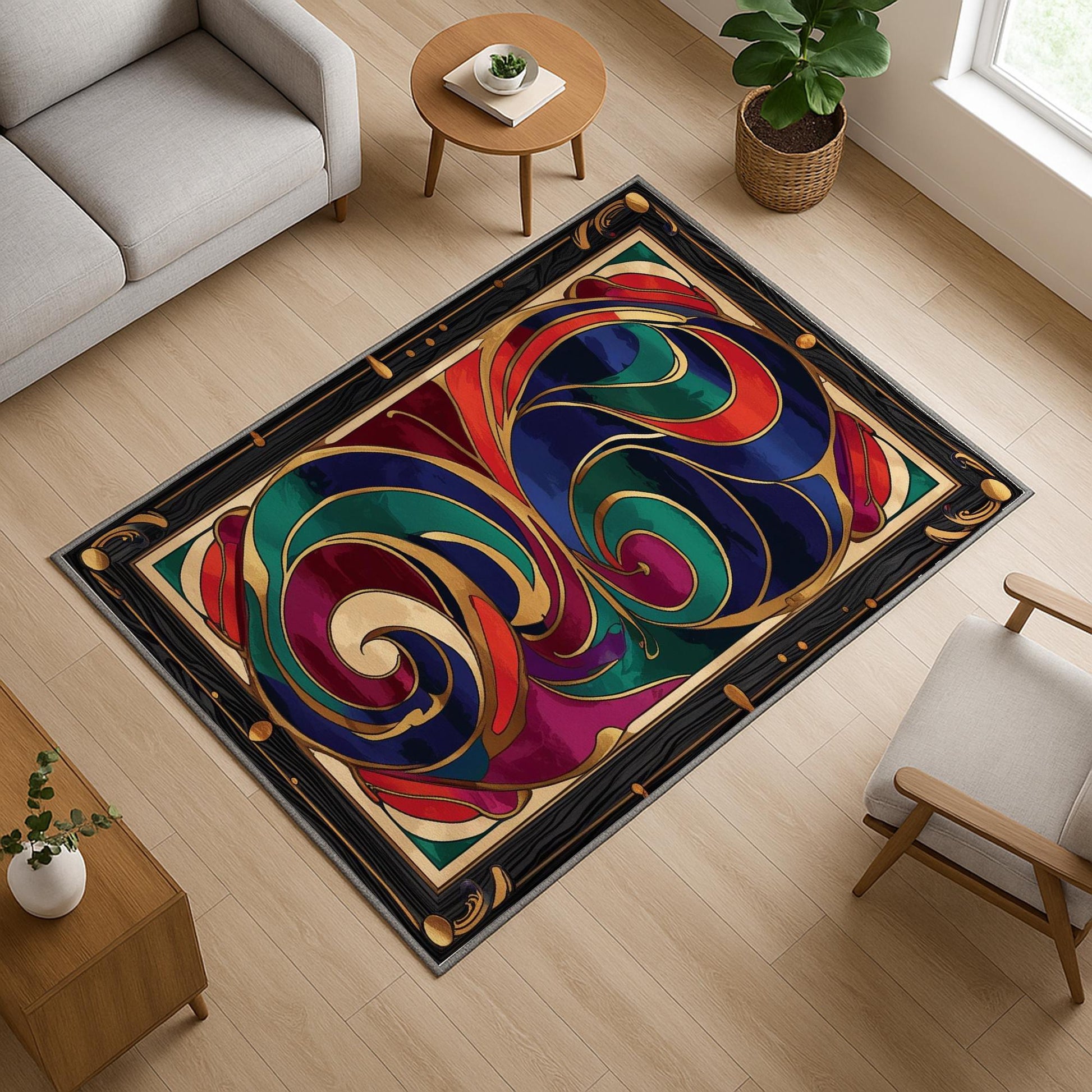 Swirling abstract chenille rug with vibrant navy, green, red, and purple curves outlined in gold, framed by an ornate oriental border, washable with non-slip backing.