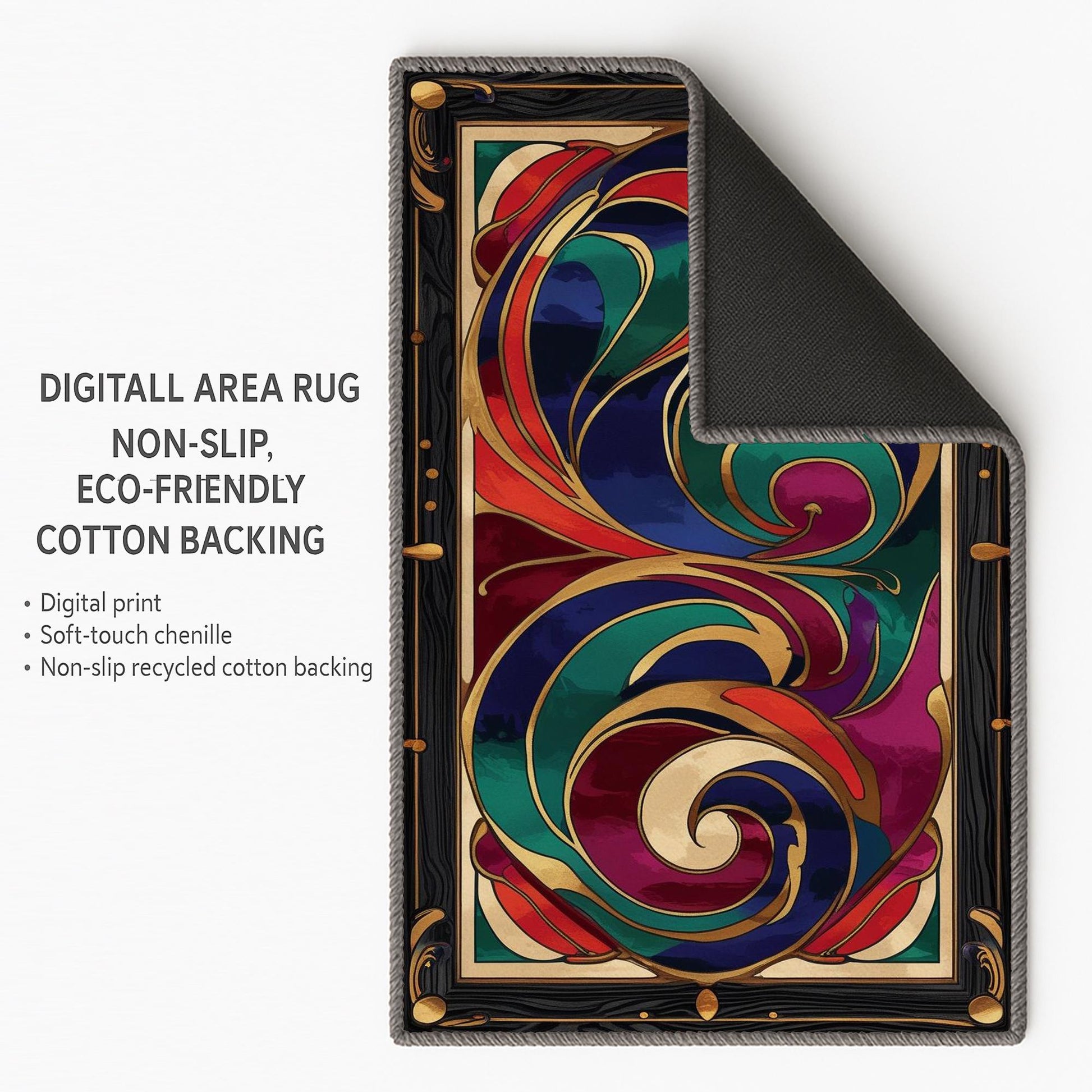 Swirling abstract chenille rug with vibrant navy, green, red, and purple curves outlined in gold, framed by an ornate oriental border, washable with non-slip backing.