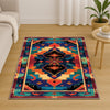 Colorful Southwestern tribal chenille rug featuring bold turquoise, orange, red, and black geometric patterns, washable with non-slip recycled cotton backing.