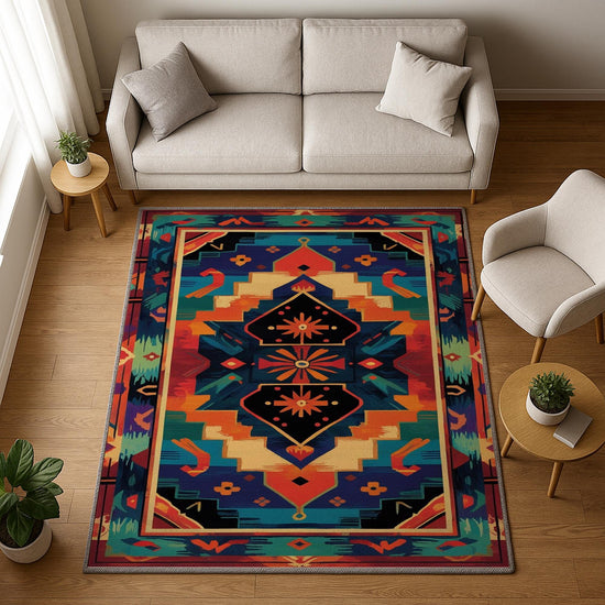 Colorful Southwestern tribal chenille rug featuring bold turquoise, orange, red, and black geometric patterns, washable with non-slip recycled cotton backing.