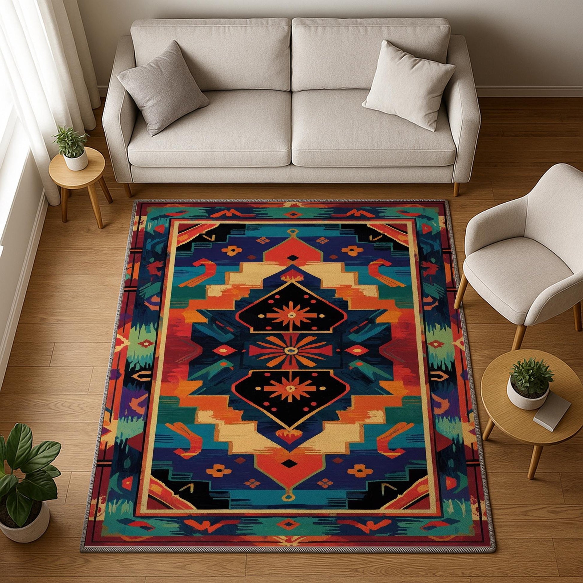 Colorful Southwestern tribal chenille rug featuring bold turquoise, orange, red, and black geometric patterns, washable with non-slip recycled cotton backing.