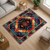 Colorful Southwestern tribal chenille rug featuring bold turquoise, orange, red, and black geometric patterns, washable with non-slip recycled cotton backing.