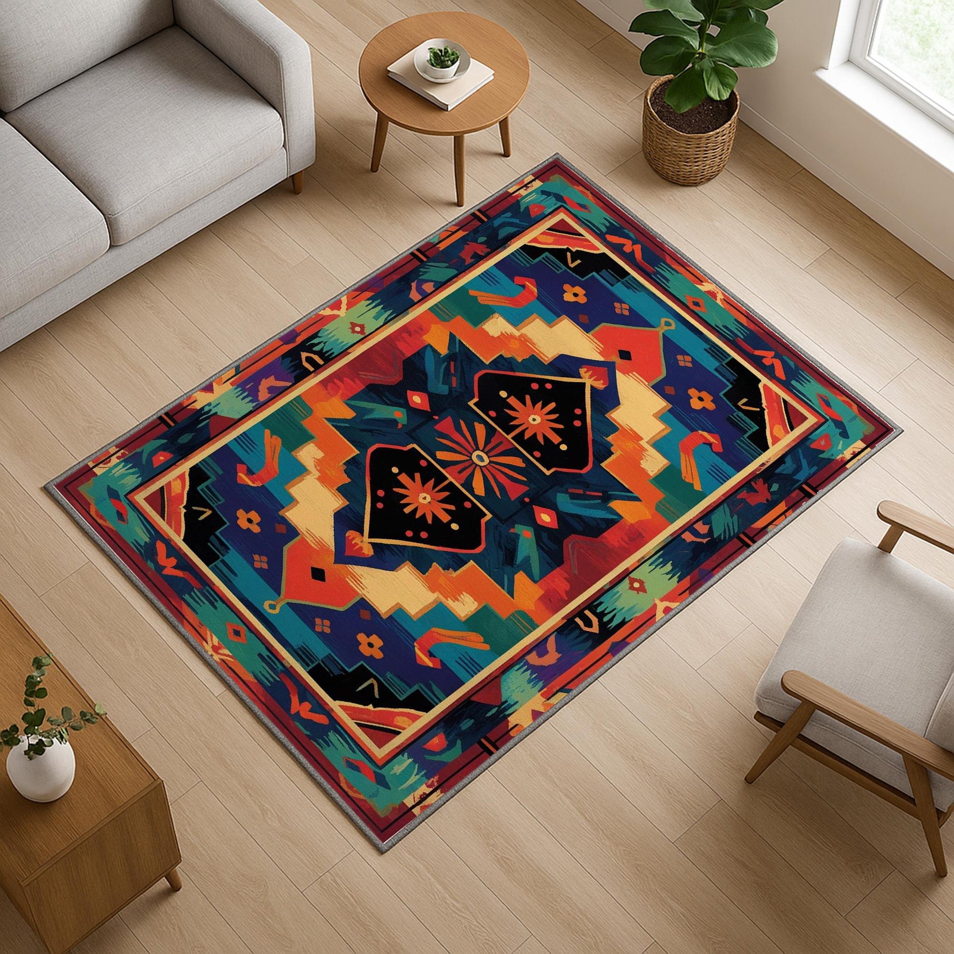 Colorful Southwestern tribal chenille rug featuring bold turquoise, orange, red, and black geometric patterns, washable with non-slip recycled cotton backing.