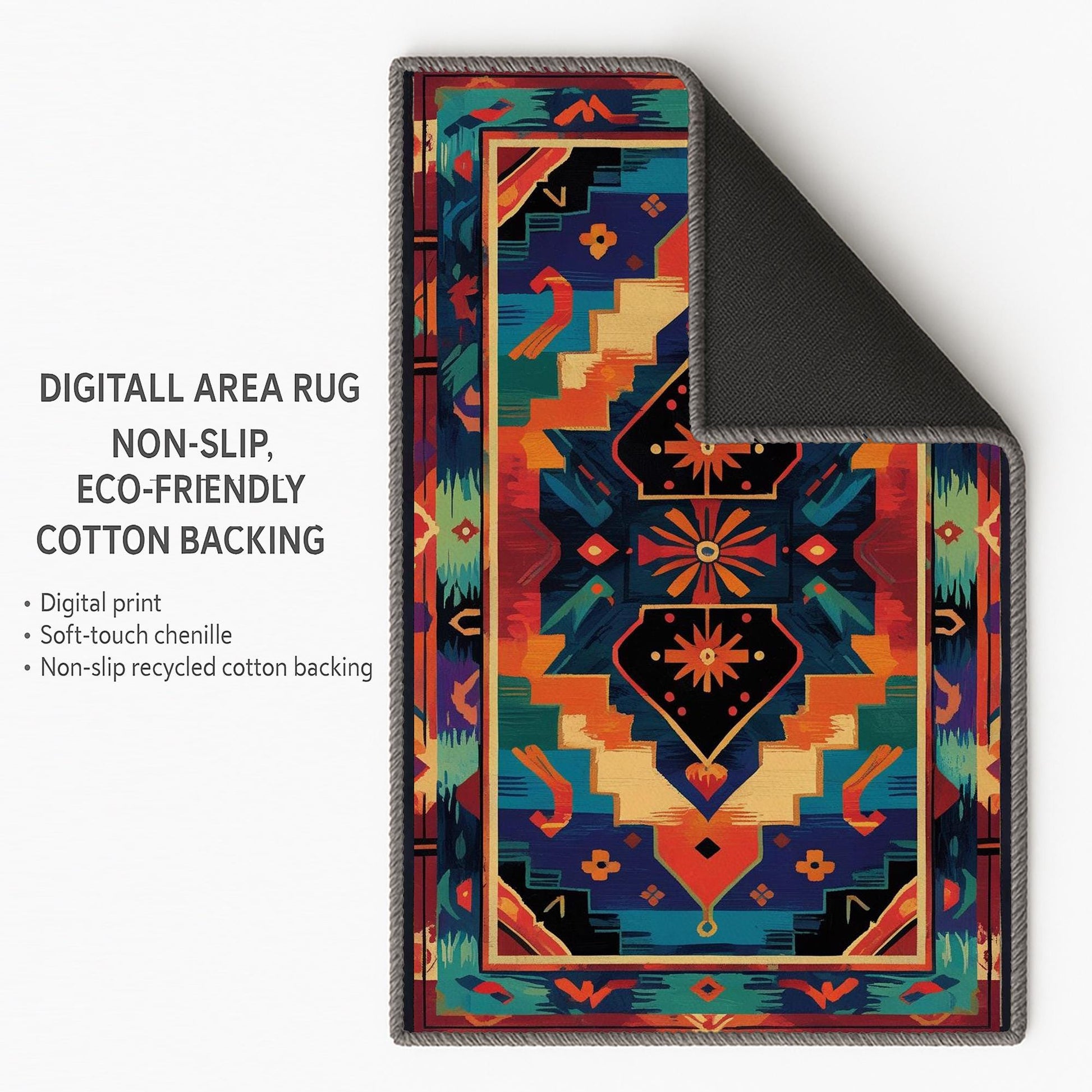 Colorful Southwestern tribal chenille rug featuring bold turquoise, orange, red, and black geometric patterns, washable with non-slip recycled cotton backing.