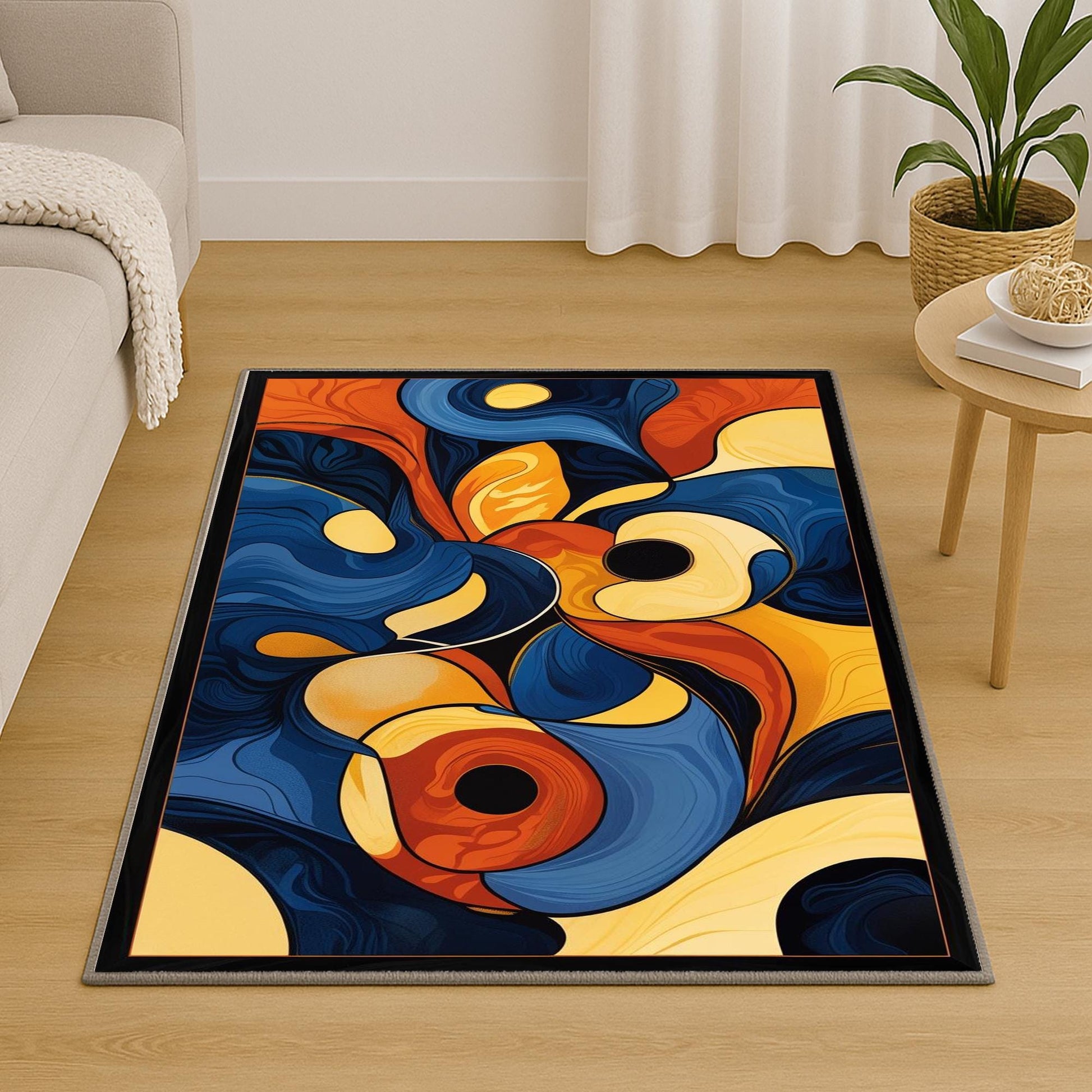 Modern abstract chenille rug with fluid shapes in navy, orange, golden yellow, and beige, washable with non-slip recycled cotton backing.