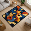 Modern abstract chenille rug with fluid shapes in navy, orange, golden yellow, and beige, washable with non-slip recycled cotton backing.