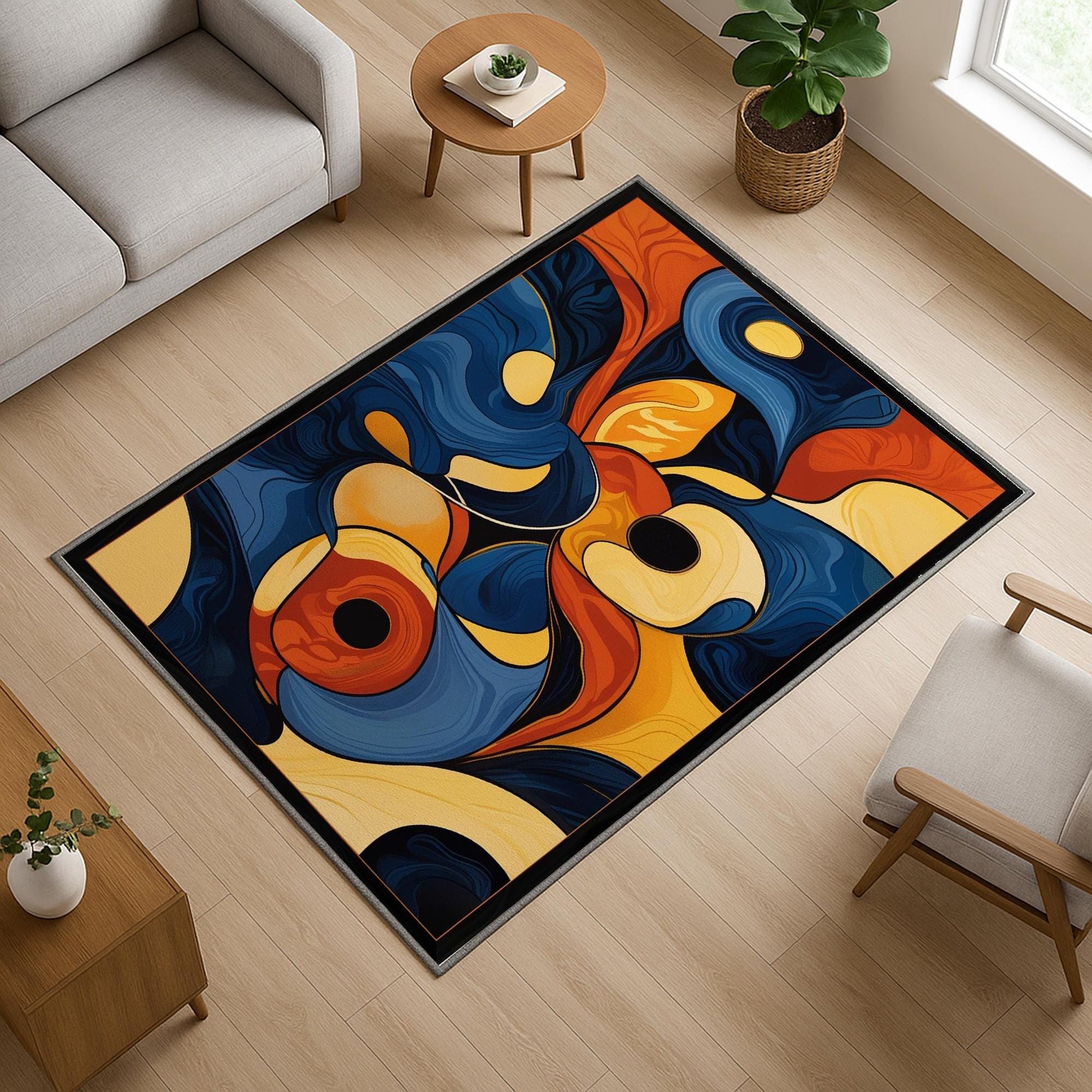 Modern abstract chenille rug with fluid shapes in navy, orange, golden yellow, and beige, washable with non-slip recycled cotton backing.