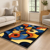 Modern abstract chenille rug with fluid shapes in navy, orange, golden yellow, and beige, washable with non-slip recycled cotton backing.