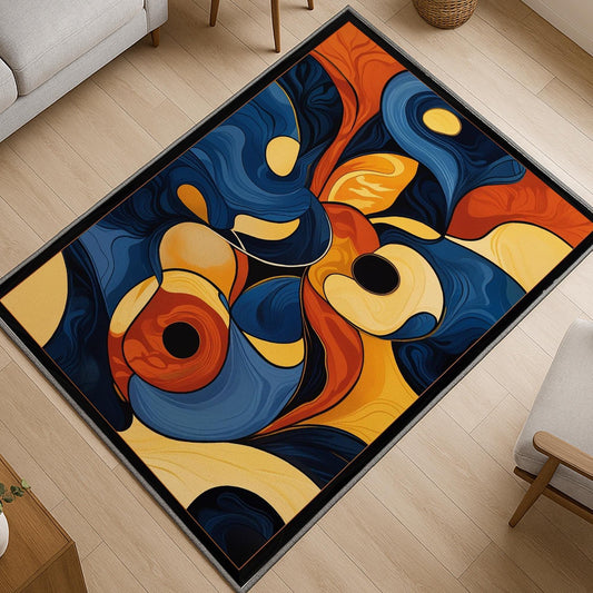 Modern abstract chenille rug with fluid shapes in navy, orange, golden yellow, and beige, washable with non-slip recycled cotton backing.