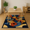 Modern abstract chenille rug with fluid shapes in navy, orange, golden yellow, and beige, washable with non-slip recycled cotton backing.