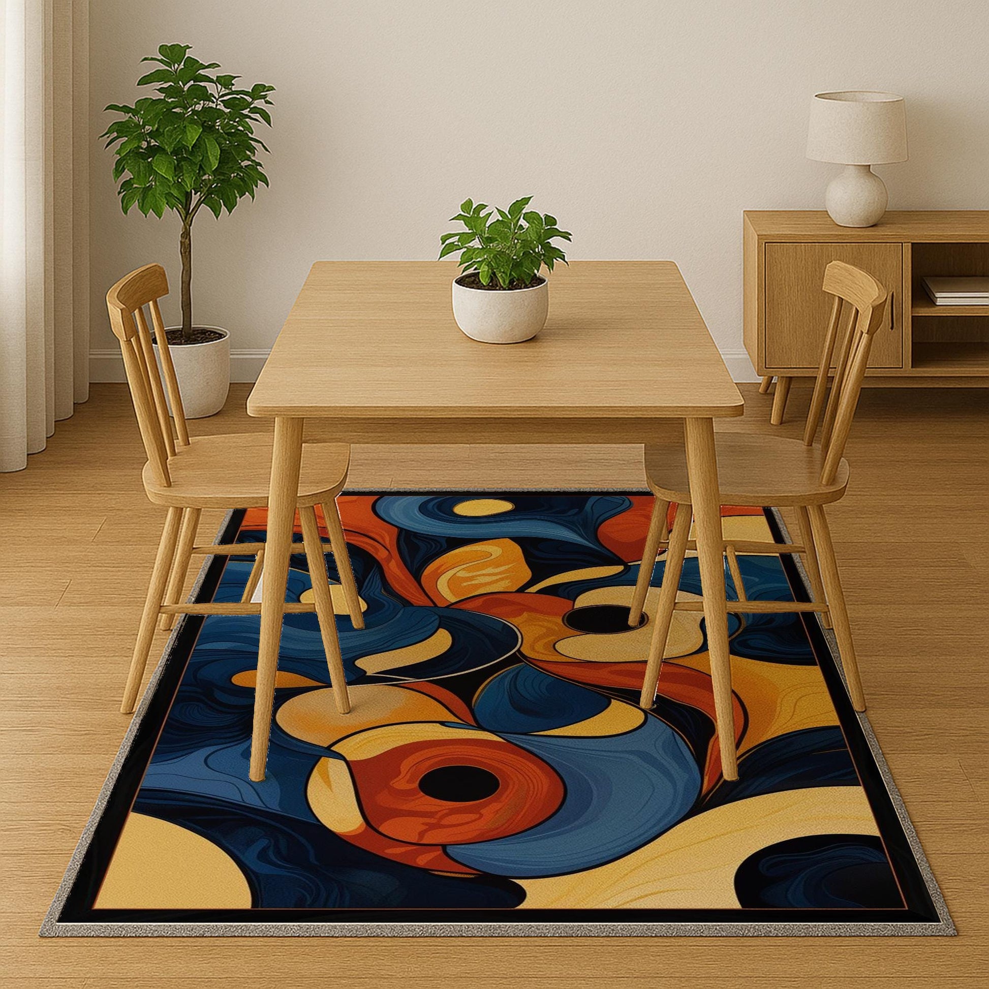 Modern abstract chenille rug with fluid shapes in navy, orange, golden yellow, and beige, washable with non-slip recycled cotton backing.