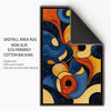 Modern abstract chenille rug with fluid shapes in navy, orange, golden yellow, and beige, washable with non-slip recycled cotton backing.
