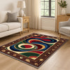 Oriental floral border chenille rug with swirling abstract center in blue, green, red, and gold, washable with non-slip recycled cotton backing.