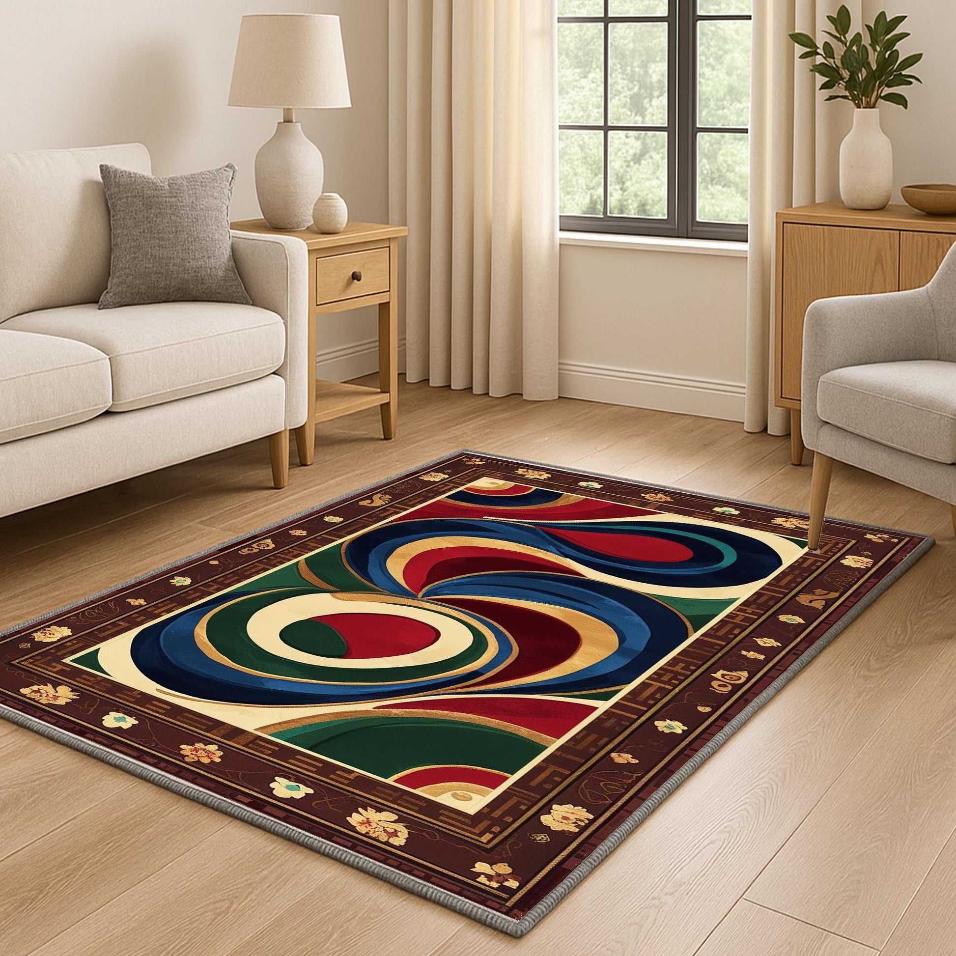 Oriental floral border chenille rug with swirling abstract center in blue, green, red, and gold, washable with non-slip recycled cotton backing.