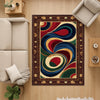 Oriental floral border chenille rug with swirling abstract center in blue, green, red, and gold, washable with non-slip recycled cotton backing.