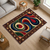Oriental floral border chenille rug with swirling abstract center in blue, green, red, and gold, washable with non-slip recycled cotton backing.
