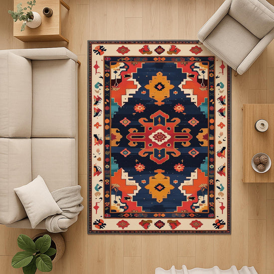 Oriental navy and red tribal chenille rug with burnt orange and beige accents, washable with non-slip recycled cotton backing.