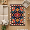 Oriental navy and red tribal chenille rug with burnt orange and beige accents, washable with non-slip recycled cotton backing.