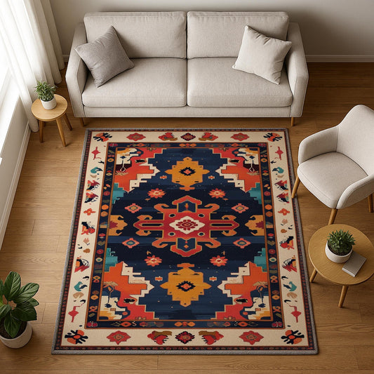 Oriental navy and red tribal chenille rug with burnt orange and beige accents, washable with non-slip recycled cotton backing.