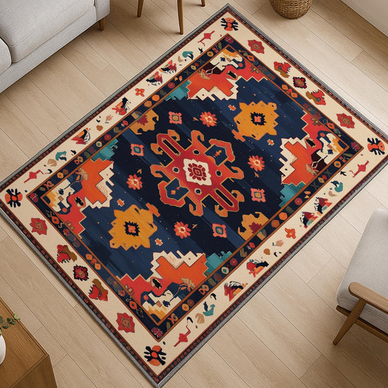Oriental navy and red tribal chenille rug with burnt orange and beige accents, washable with non-slip recycled cotton backing.
