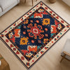 Oriental navy and red tribal chenille rug with burnt orange and beige accents, washable with non-slip recycled cotton backing.